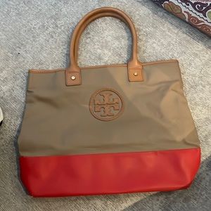 Tory Burch all leather tan and red tote bag good/fair quality